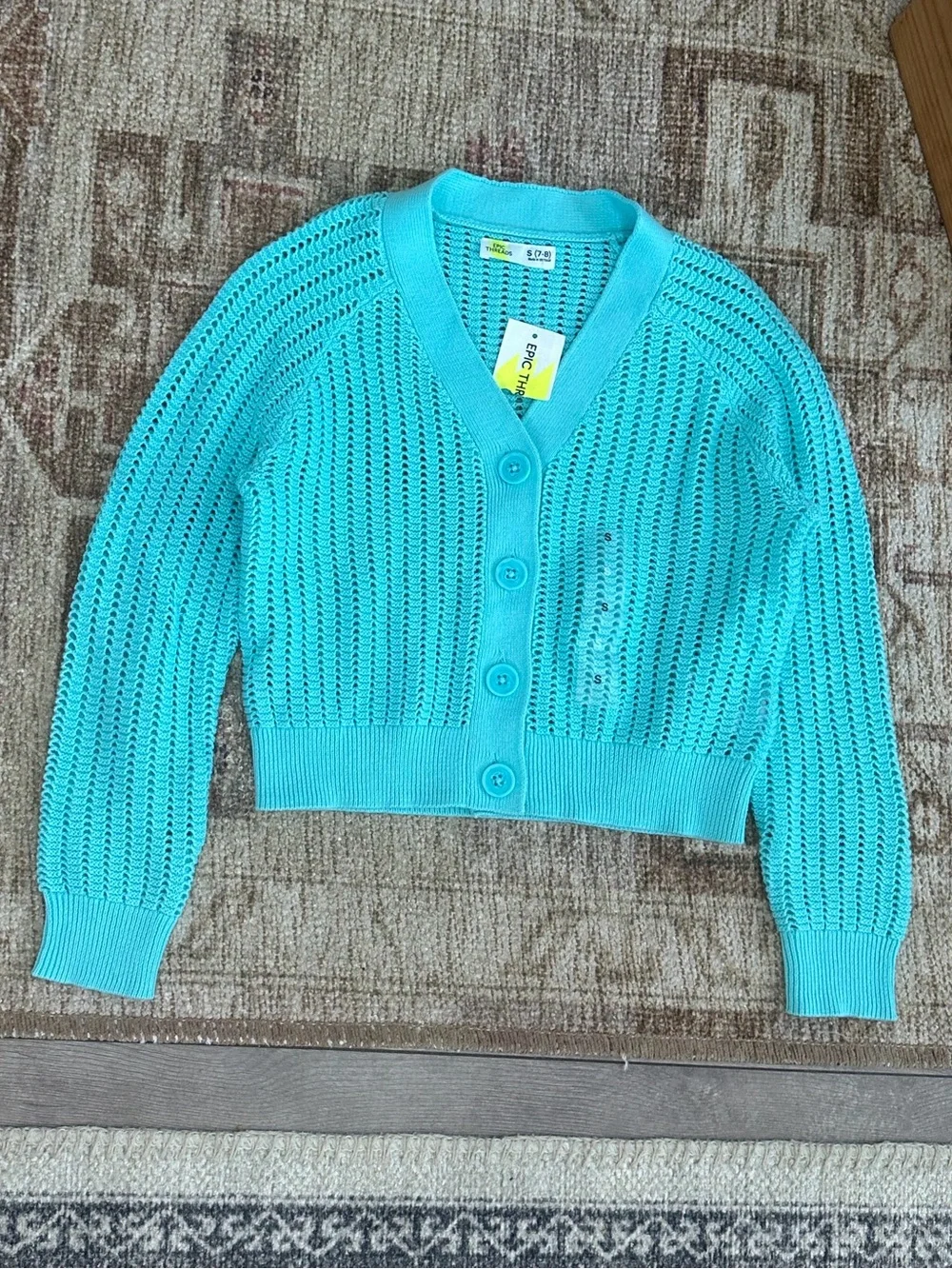 New Epic Threads Girls Cardigan Macys Exclusive V Neck Turquoise Button Sm 7/8